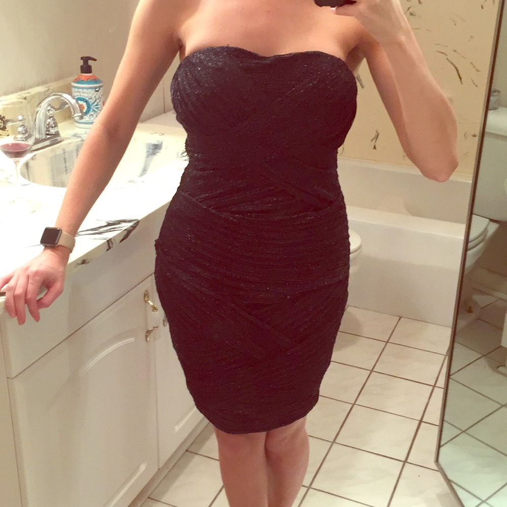 Black strapless crisscrossing mini dress